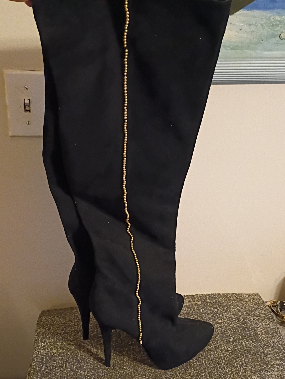 Bebe Black Knee-High Stiletto Boots with Gold Chain Detail Size 10